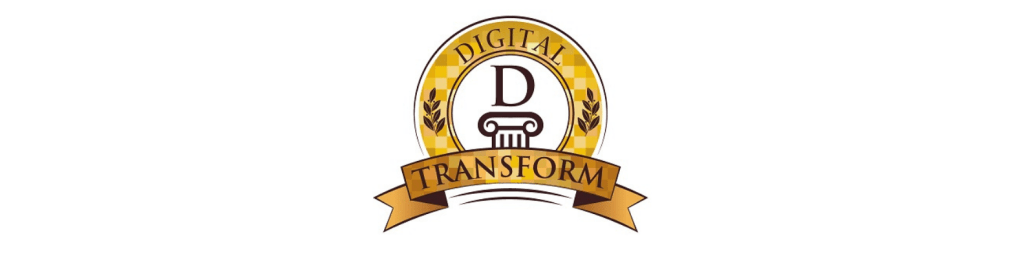 Digital transform logo. A capital D above a plinth surrounded by a partial circle made up of gold squares with the word digital around the top. Within the partial circle are two twigs of brown leaves. Below the partial circle is a banner that reads transform. in capital letters.