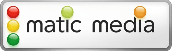 Matic Media logo featuring stylized text with traffic light-style red, yellow, and green circles on the left, and additional orange and green dots above the letters.