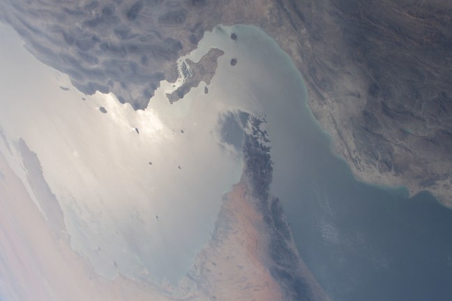 NASA satellite image of Strait of Hormuz north of UAE and Oman