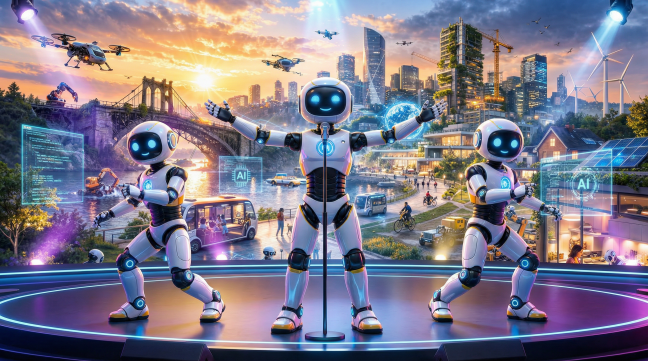 Teen robots on stage for their first concert at Robot City