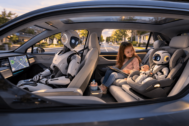 Self-driving car with adult-size robot in front not driving, and child plus child-size robot in back - and an analogue teddy!