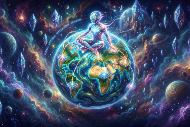 A luminous fantasy-art AI figure representing Claude sits in meditation above the Earth, with glowing network arcs linking key global market points amid crystals, planets and a deep cosmic background.