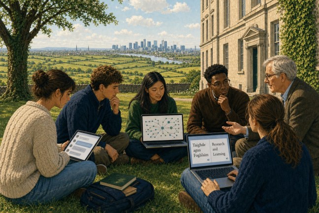Four university students and an academic work together on a sunlit Georgian college lawn in Ireland, using laptops and tablets that show AI interfaces: one displays a bilingual Irish and English research pane. Behind them, green Irish fields divided by drystone walls lead towards the modern Silicon Docklands skyline under a wide pale-blue sky