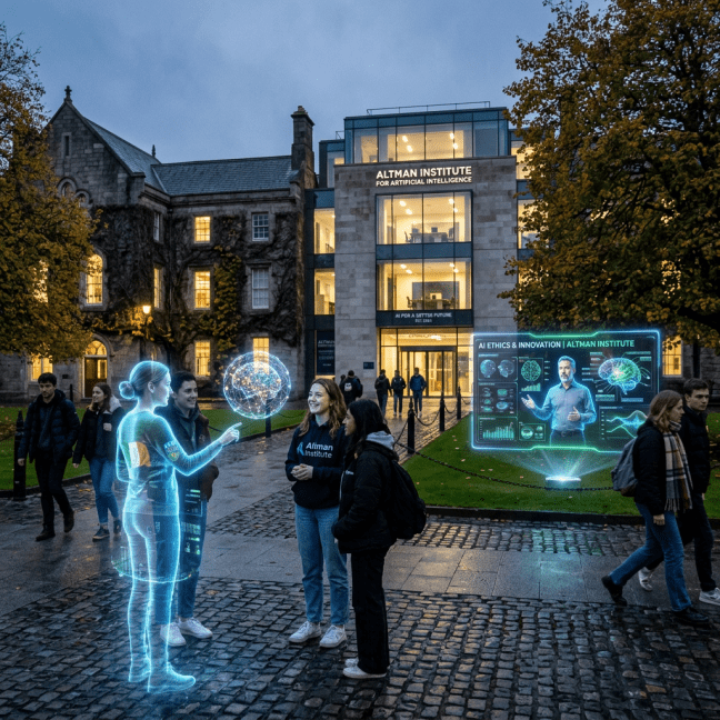 Students engaging with AI holograms and digital displays outside Altman Institute building at dusk in Ireland