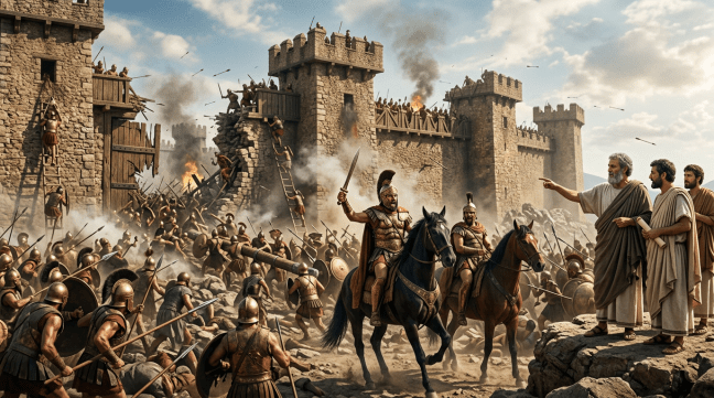 Ancient soldiers attacking a stone fortress with archers and commanders on horses near observant philosophers