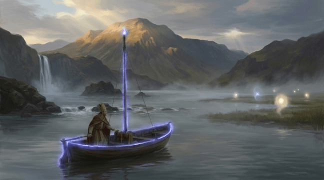 A painterly landscape shows Saint Elmo standing in a wooden boat on a misty lake at twilight. A soft blue electrical glow clings to the mast, bow, and rudder. In the distance, a sunlit mountain rises beyond mist, rocky islets, and a waterfall, while pale will‑o’-the‑wisps hover over marshland to one side.